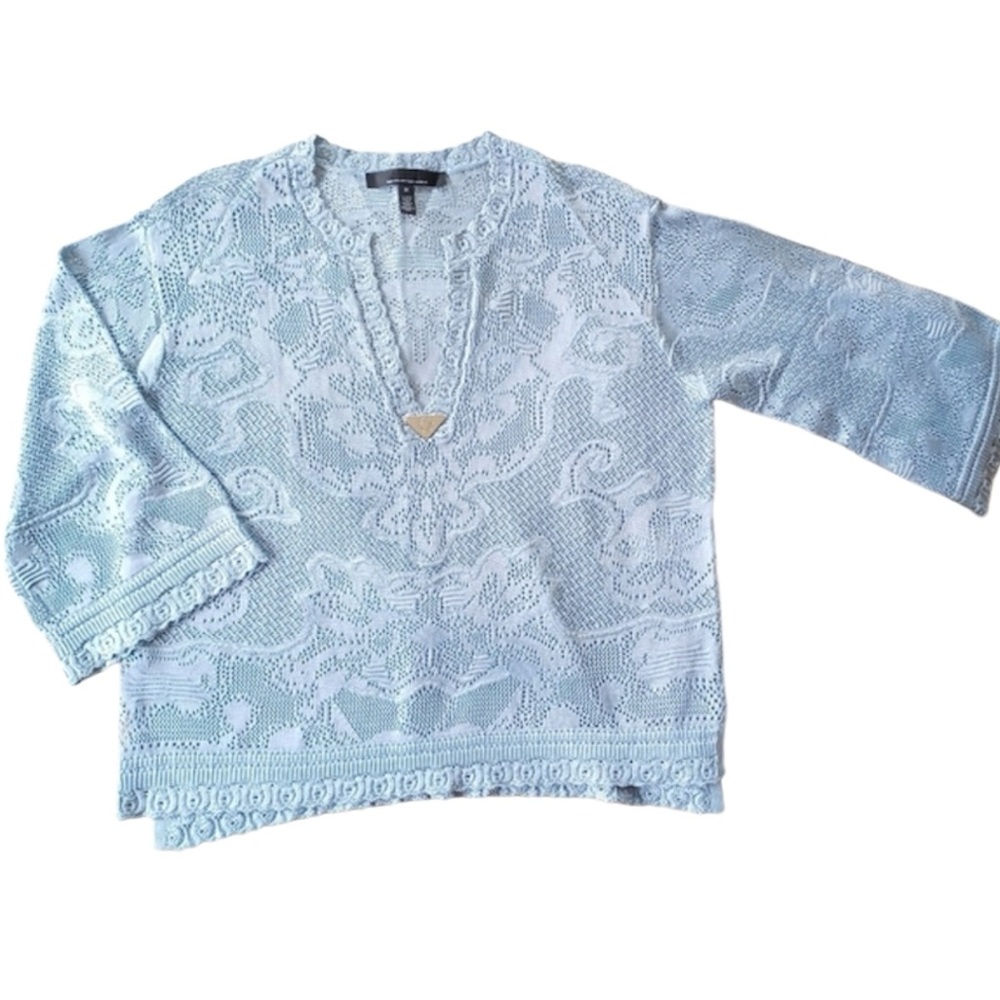 White House Black Market Pointelle Stitch 3/4 Sleeve Sweater M Blue - Picture 5 of 14